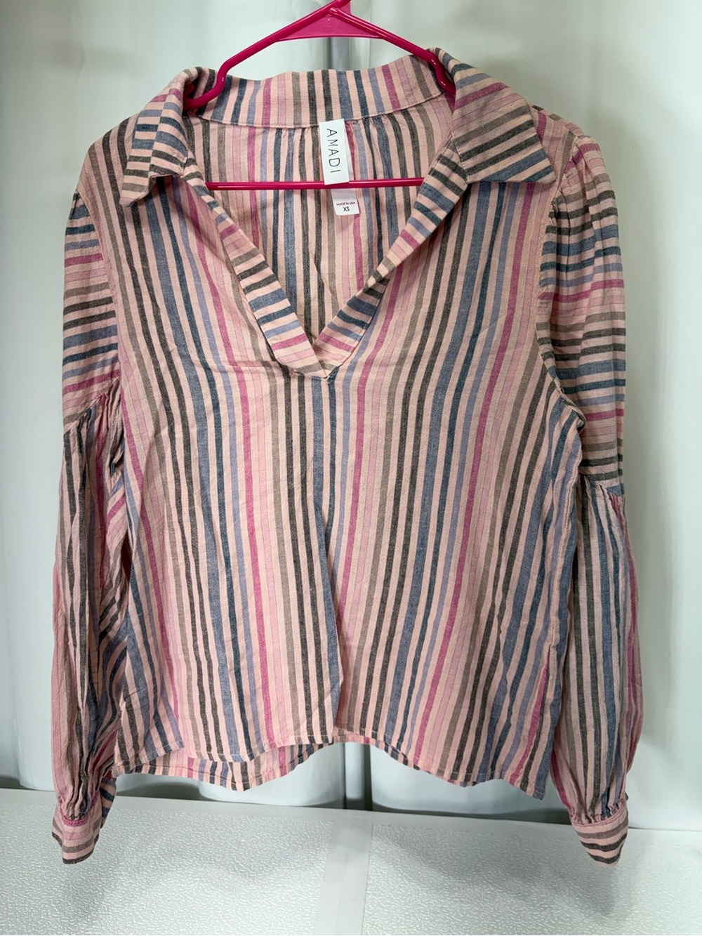 Anadi Pink Striped Collared V-Neck Blouse 3624